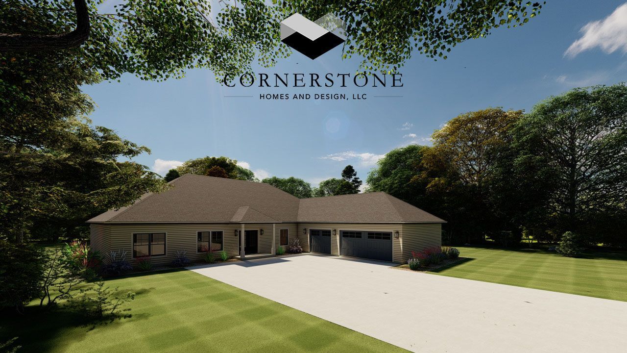 Single-story brick house with gray roof, wide driveway, and manicured lawn under trees, with “Everstone” logo above