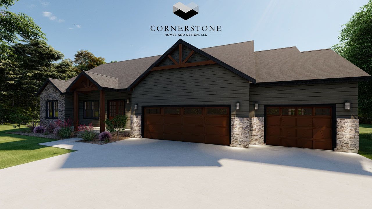 Stone house with three garage doors and a covered front porch, labeled Cornerstone, in a sunny suburban setting