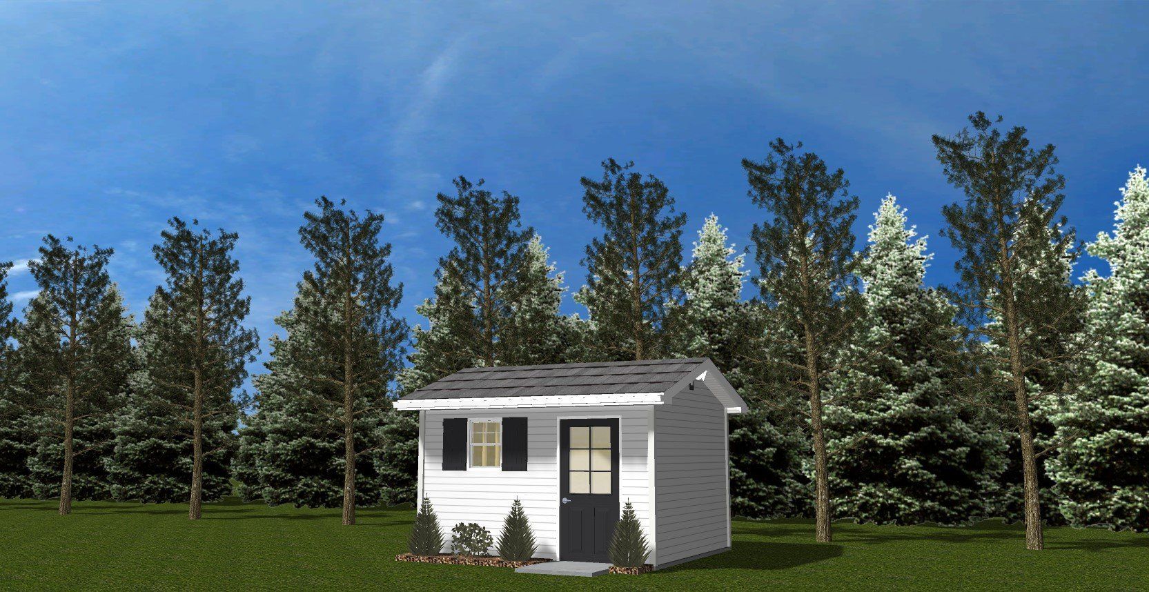 A small white house is sitting in the middle of a lush green field surrounded by trees.
