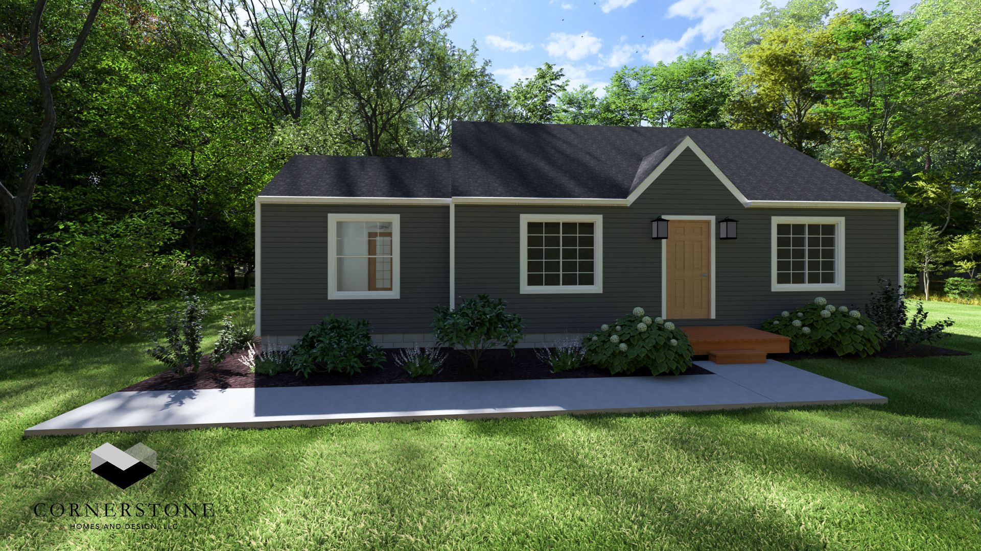 Small gray house with black roof, front porch, and green lawn surrounded by trees under a blue sky