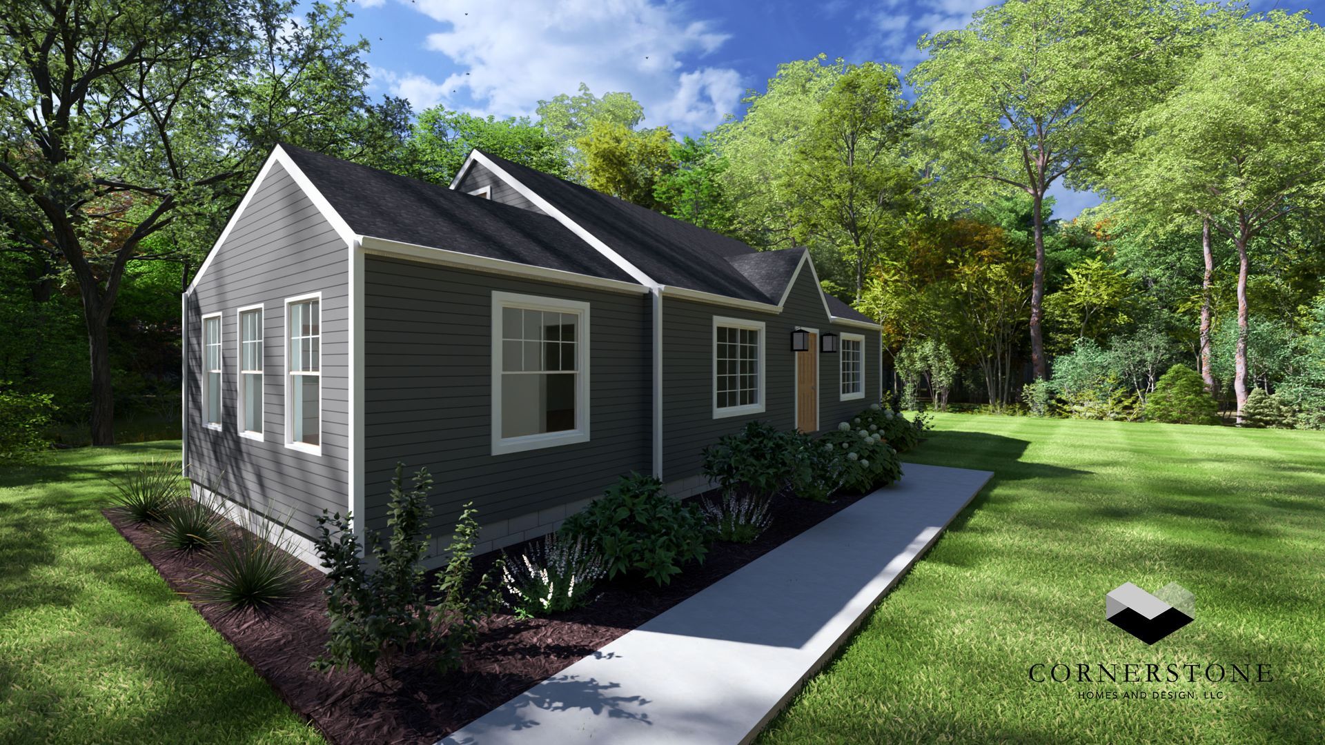 Gray house with dark roof beside a concrete walkway, surrounded by green trees and lawn