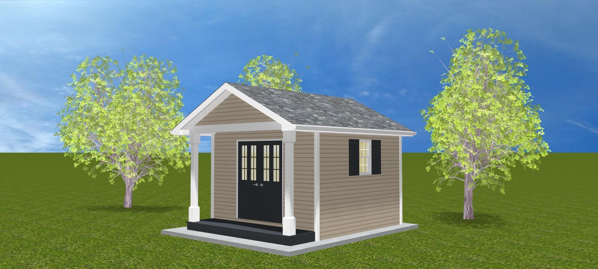 A small house with a porch is sitting in the middle of a grassy field.