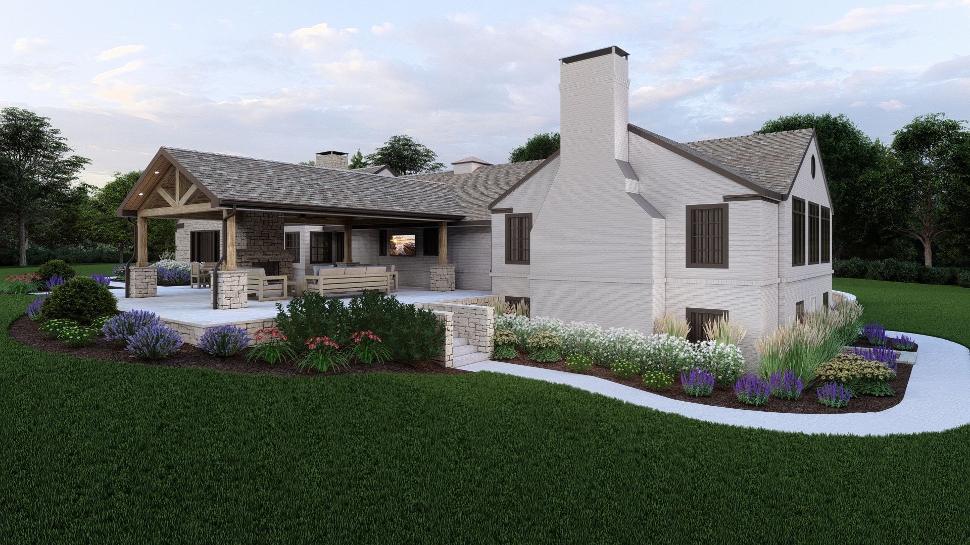 A 3d rendering of a house with a large lawn in front of it.