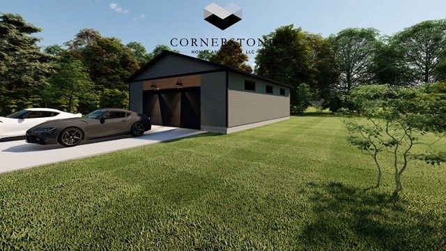 A car is parked in front of a garage that says cornerston