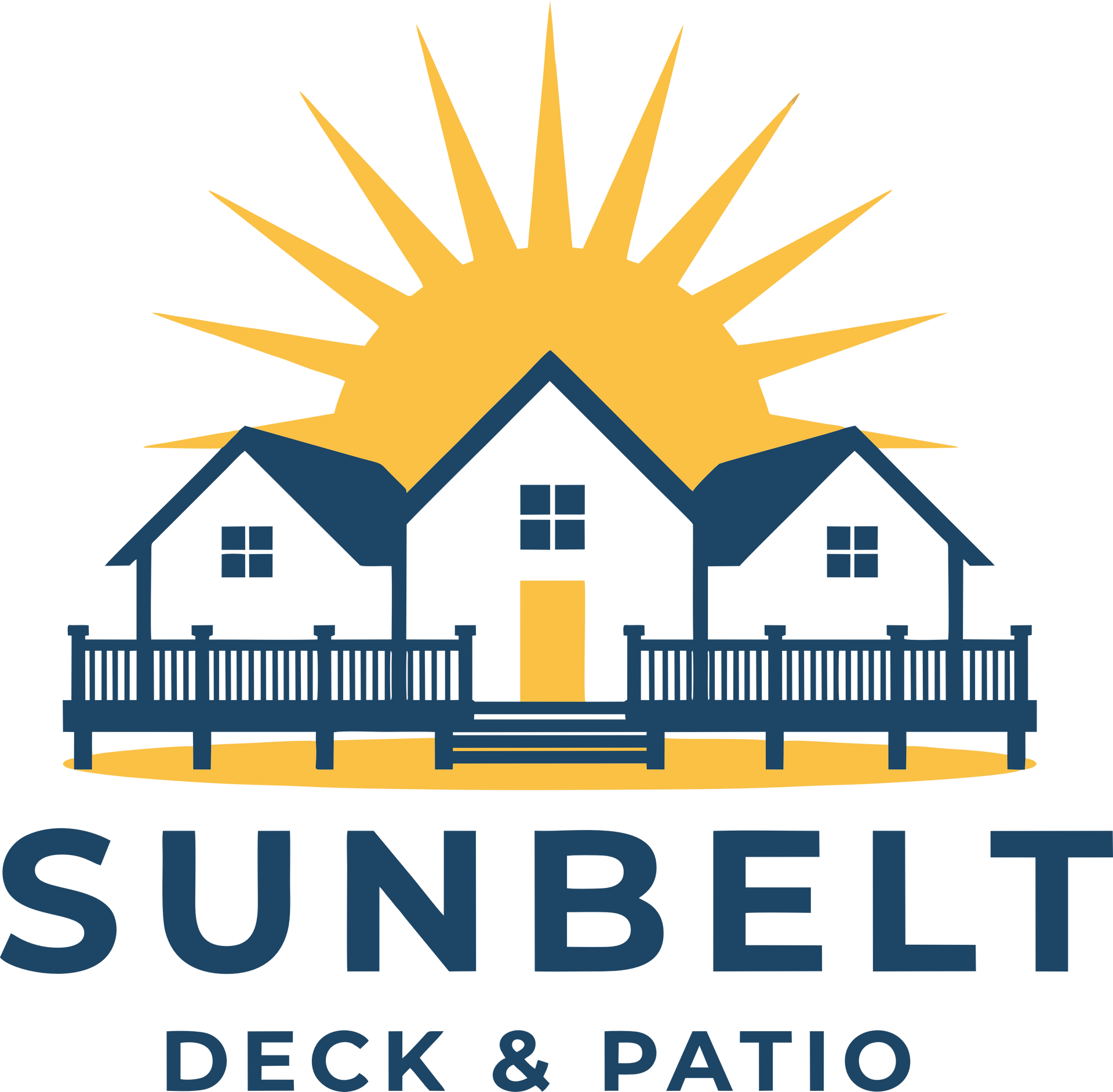 Logo: White houses, blue railing, yellow sun, blue text
