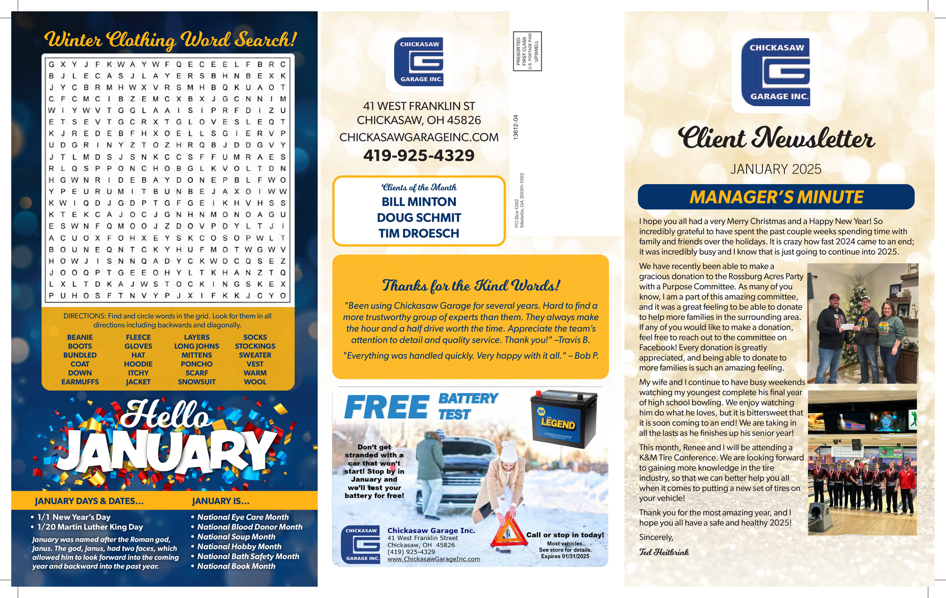 Newsletter: winter checkup, free battery test, manager's minute. January calendar, staff photos, company logo.