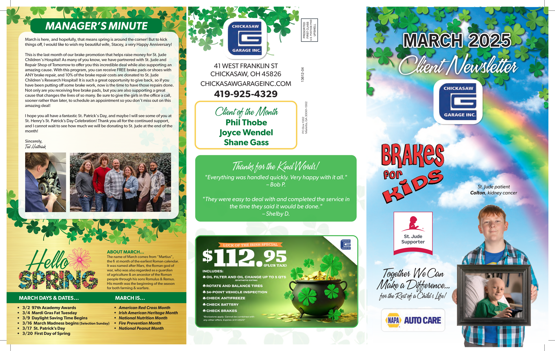 Newsletter with manager's message, spring promotion, contact information, and kid photo. Green, gold, and rainbow colors.