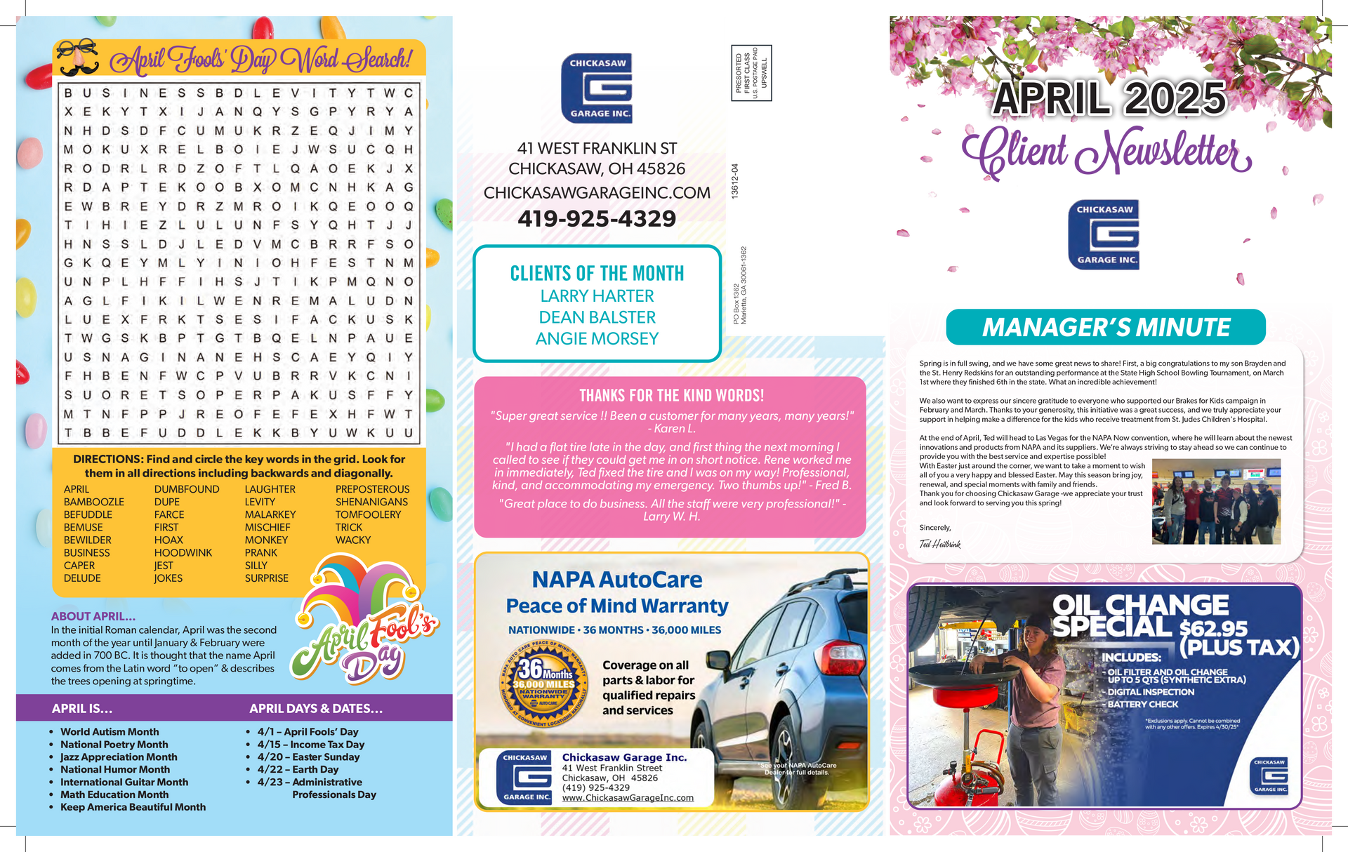 Newsletter with word search, company information, and an oil change promotion.