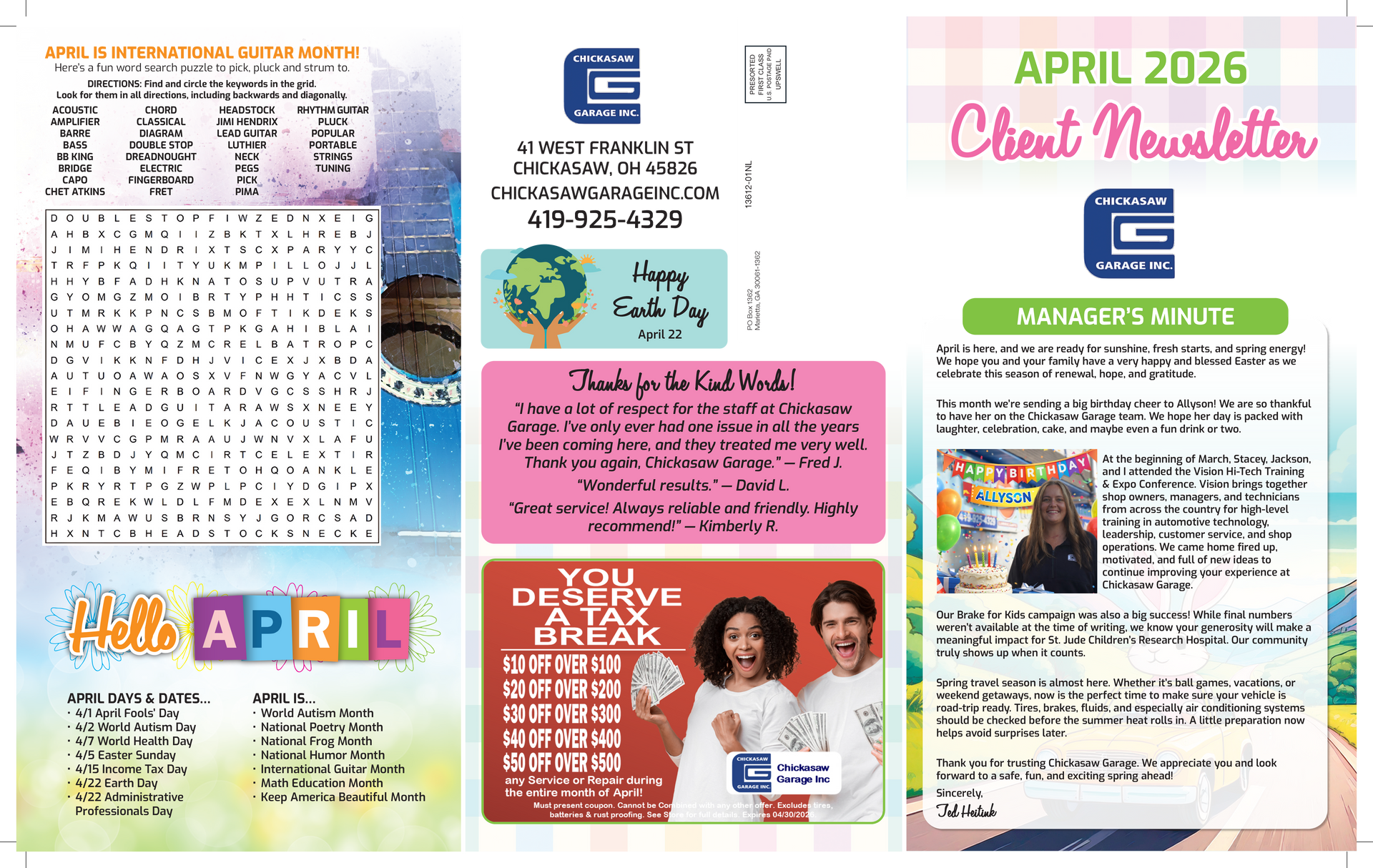 Newsletter with manager's message, Brands for Kids event, and St. Patrick's Day discount.