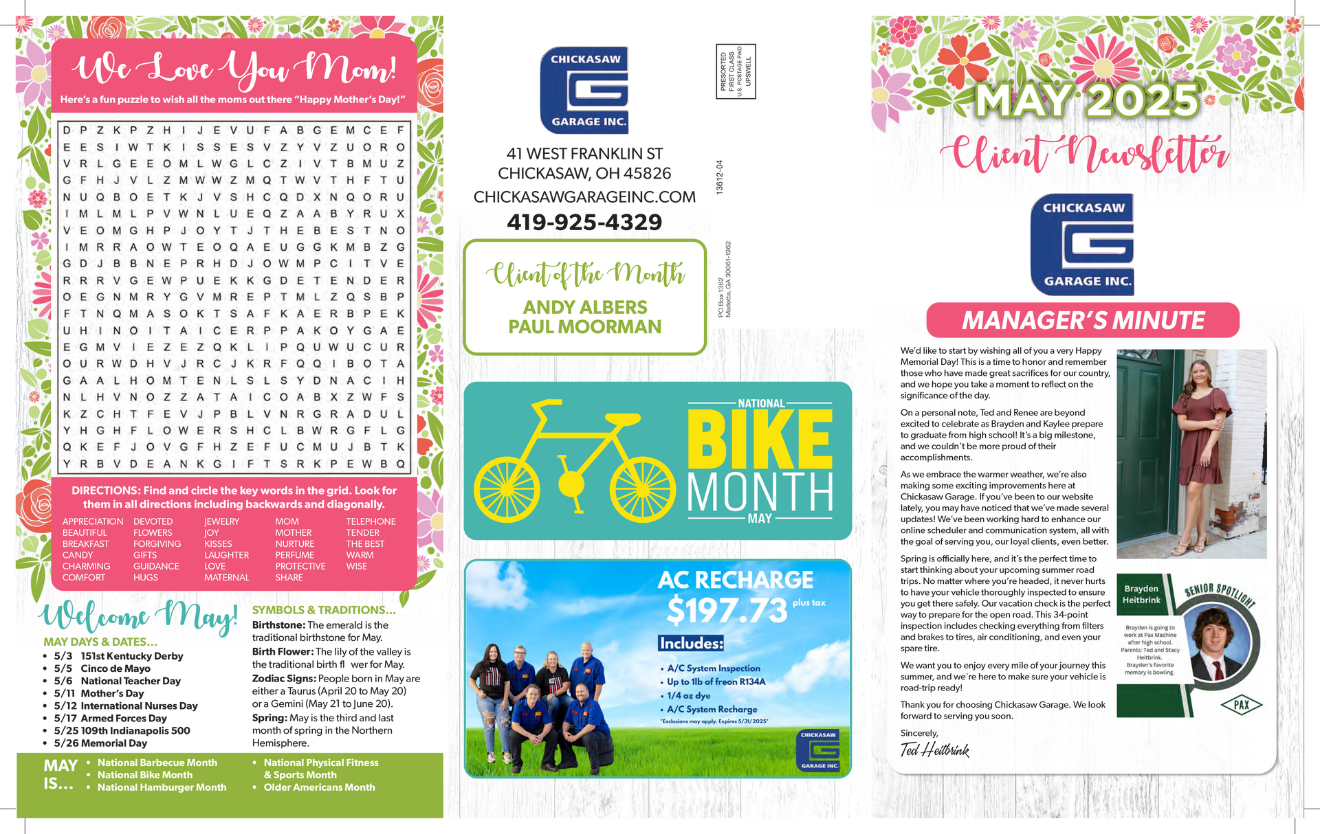 Newsletter about a company with word searches, promotions, and a manager's magazine.