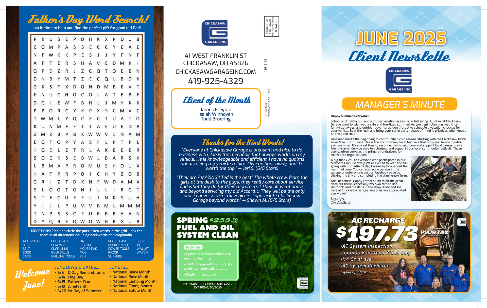 Father's Day word search, newsletter with header, and advertisements.