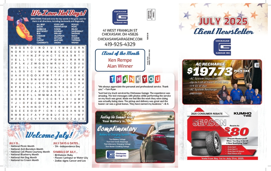 July 2025 newsletter with a hot dog word search, business promotions, and a 