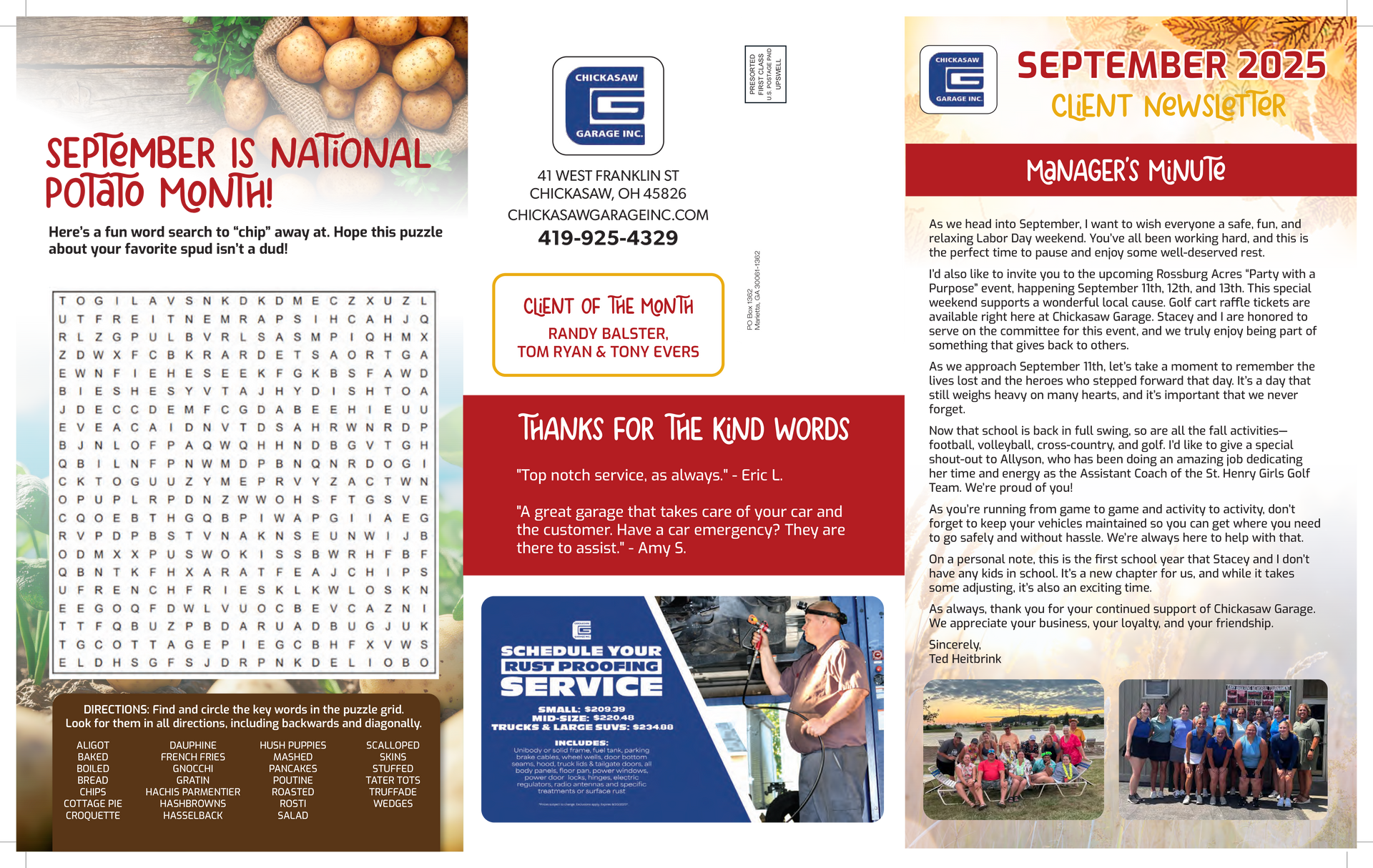 Newsletter celebrating National Potato Month and announcing client news.
