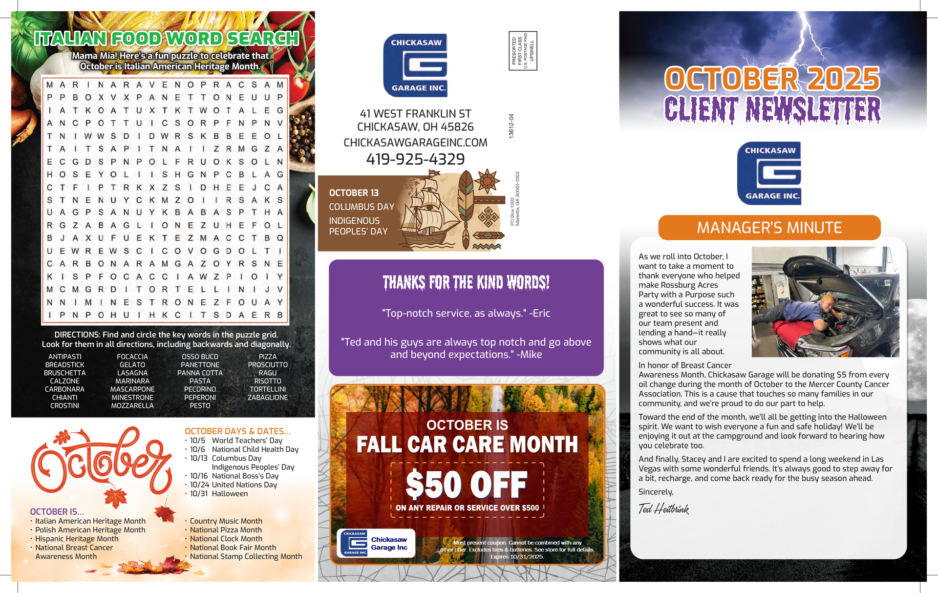 Three-panel newsletter: word search, contact info, fall car care discount, October client newsletter, auto repair photo.