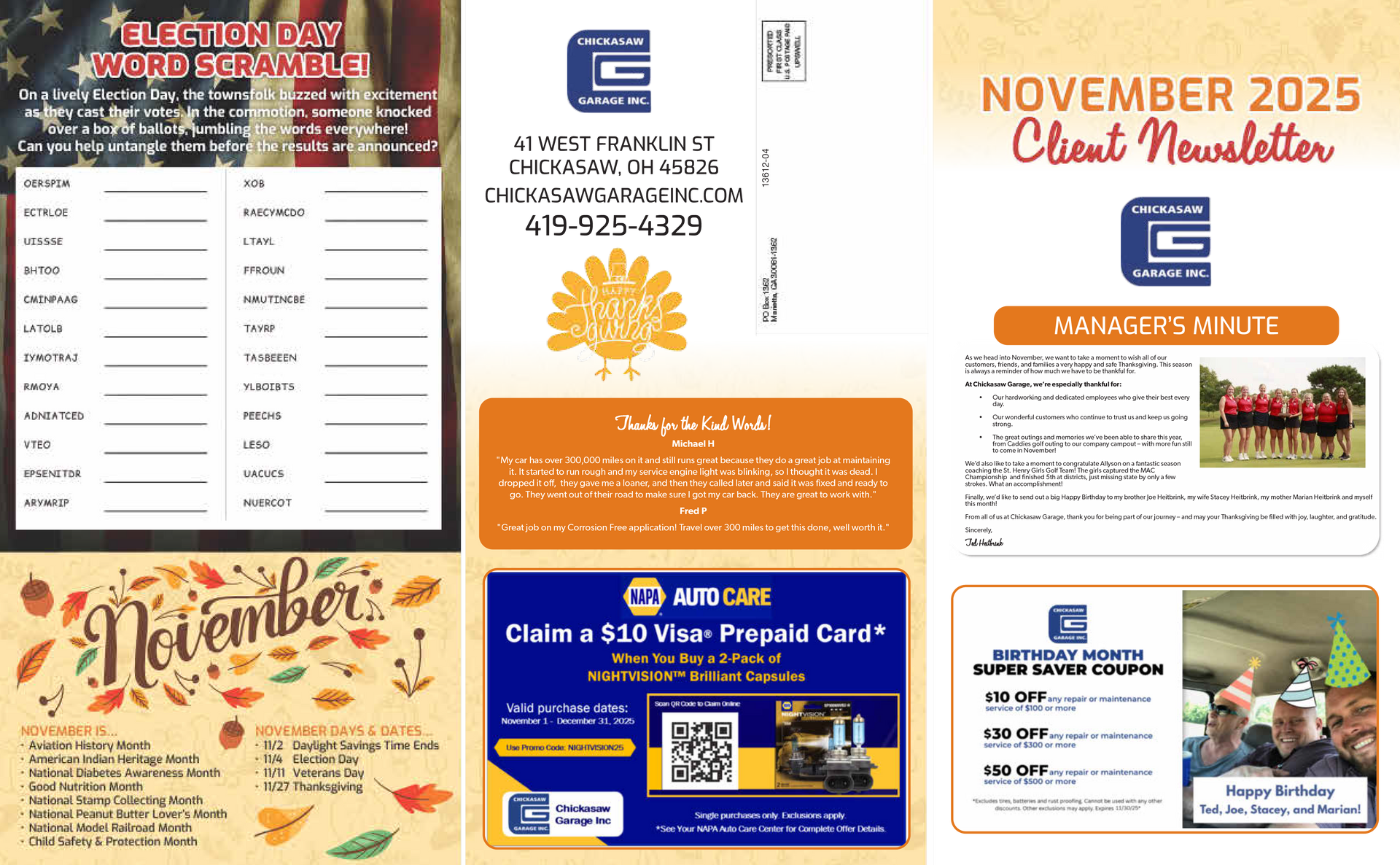 Collage of promotional materials: newsletter, coupons, and flyers, focused on November and a company logo.