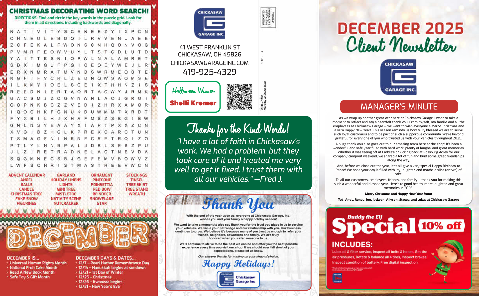 December 2025 newsletter with a word search, thank you notes, and a sale announcement.