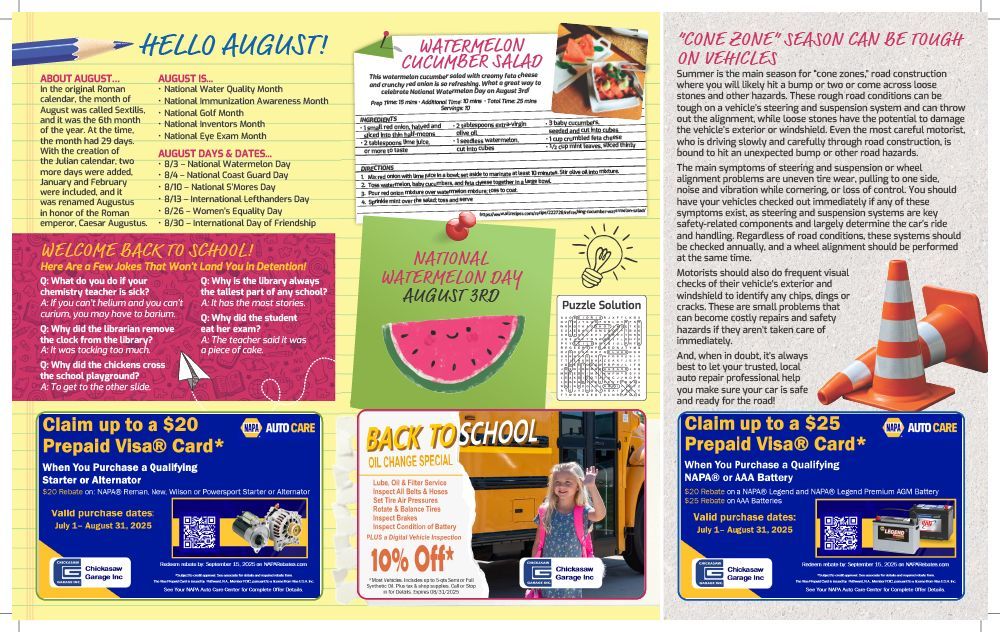 Brochure for August: Calendar, events, recipes, a watermelon graphic, and AutoZone promotions.
