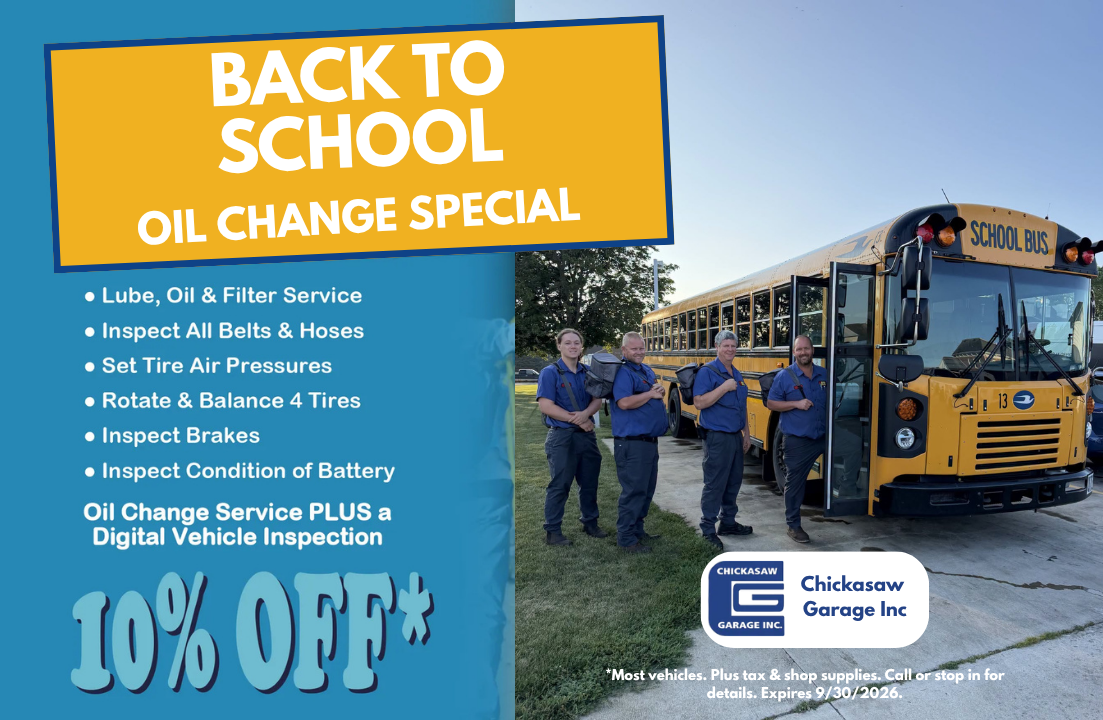 Back to school oil change special ad with school bus, blue background, and 10% off offer