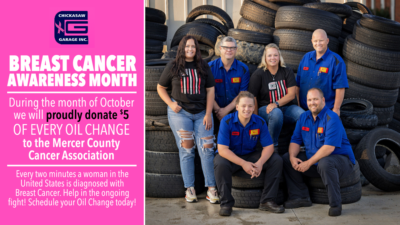 An advertisement for breast cancer awareness. It features a group of people and a pink text box. It says $5 of every oil change will be donated.