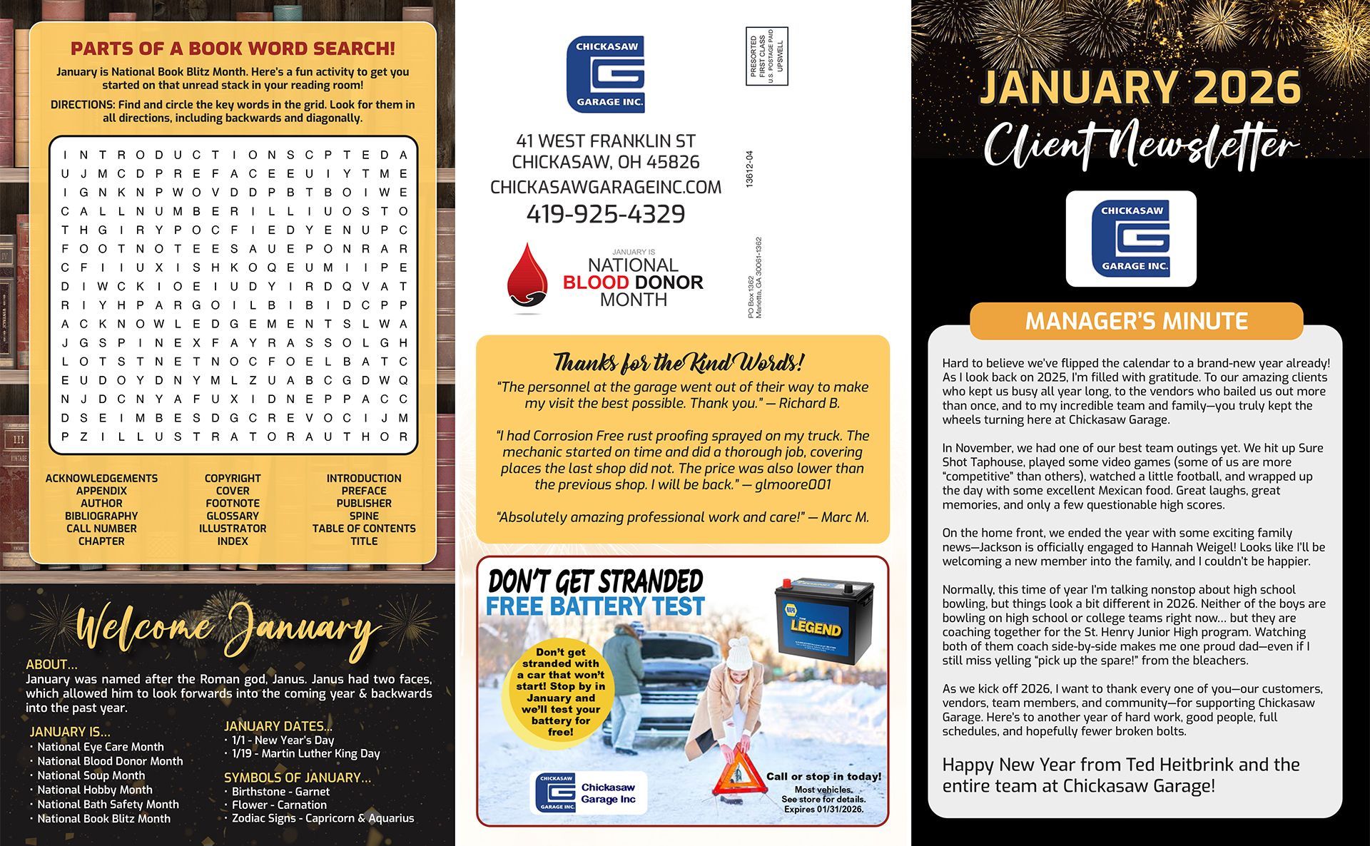 Newsletter with a word search, contact information, winter car care, and a manager's message.