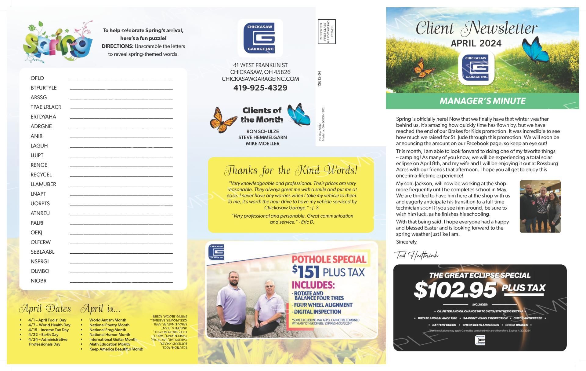 Newsletter for a business, with ads and contact information, April 2024.