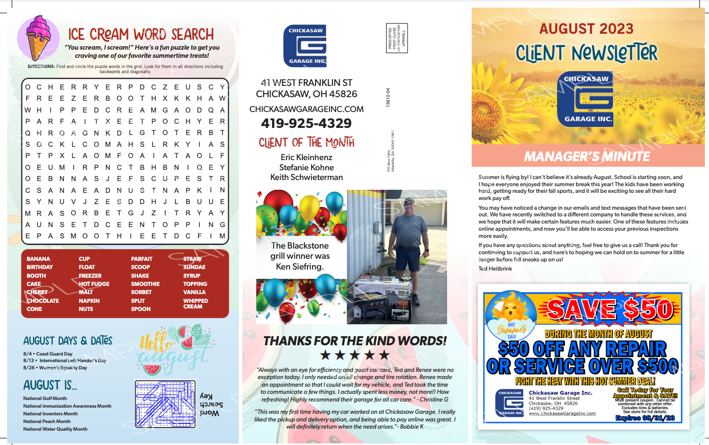 Brochure: Ice cream word search, client newsletter, employee of the month, thank you message.