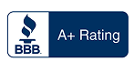 BBB A+ Rating logo. White and dark blue. Features a torch symbol and 