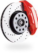 Perforated brake rotor with a red caliper.