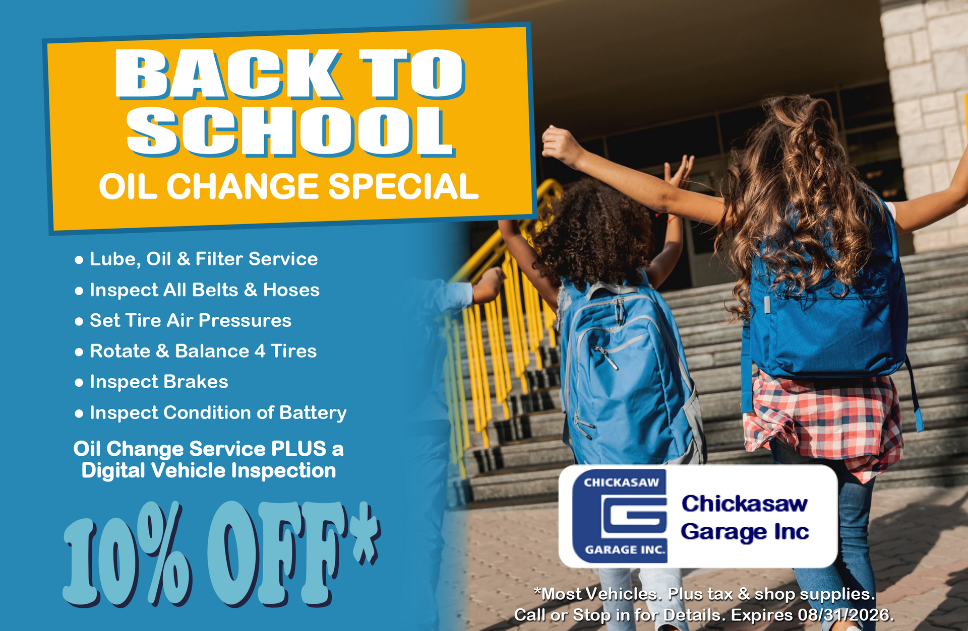 Back-to-school oil change special ad with mechanic and child, yellow and blue, 10% off.