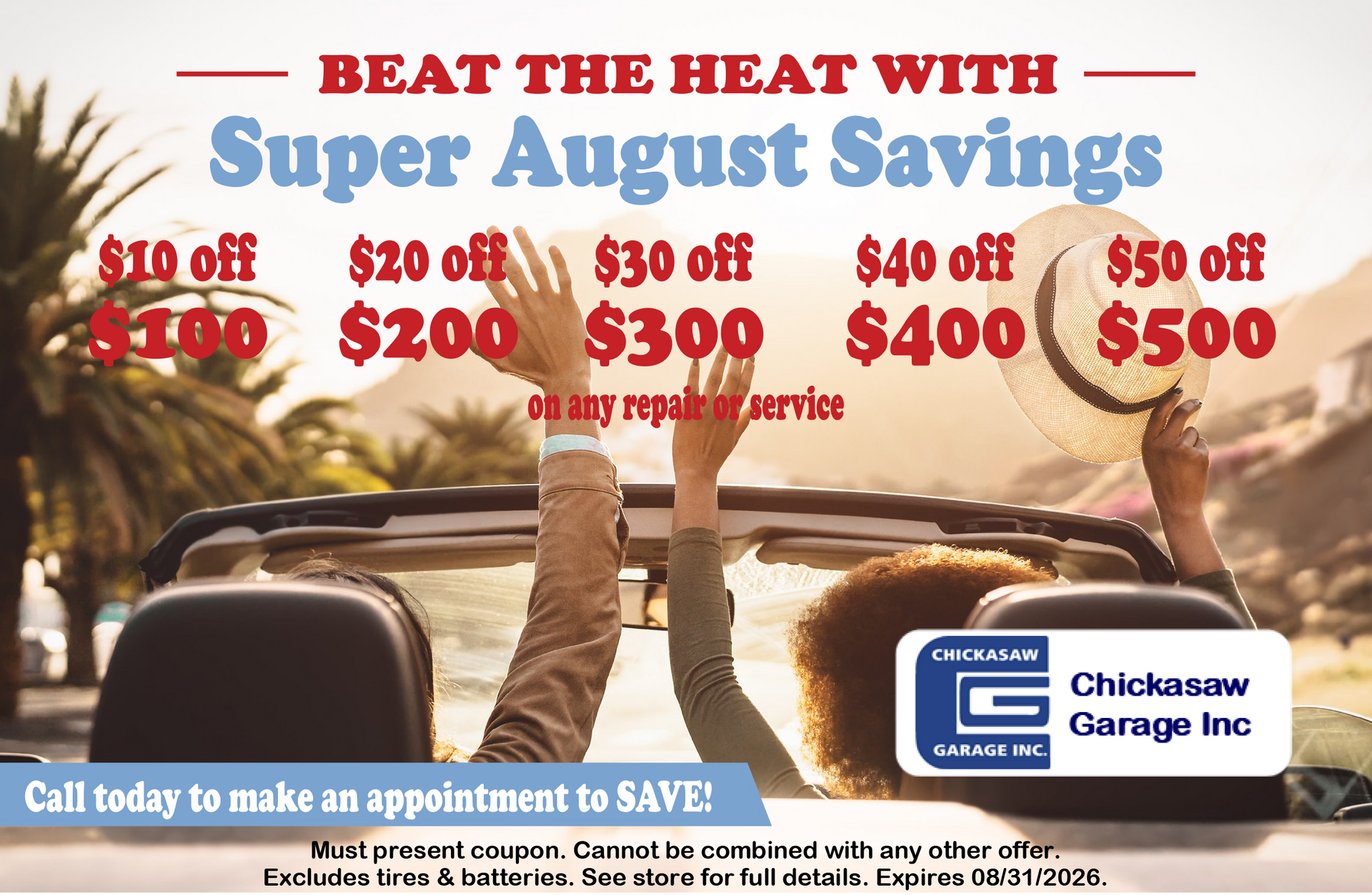 Auto repair promo with “Beat the Heat” super savings, discount amounts, and Chisholm Garage Inc. logo