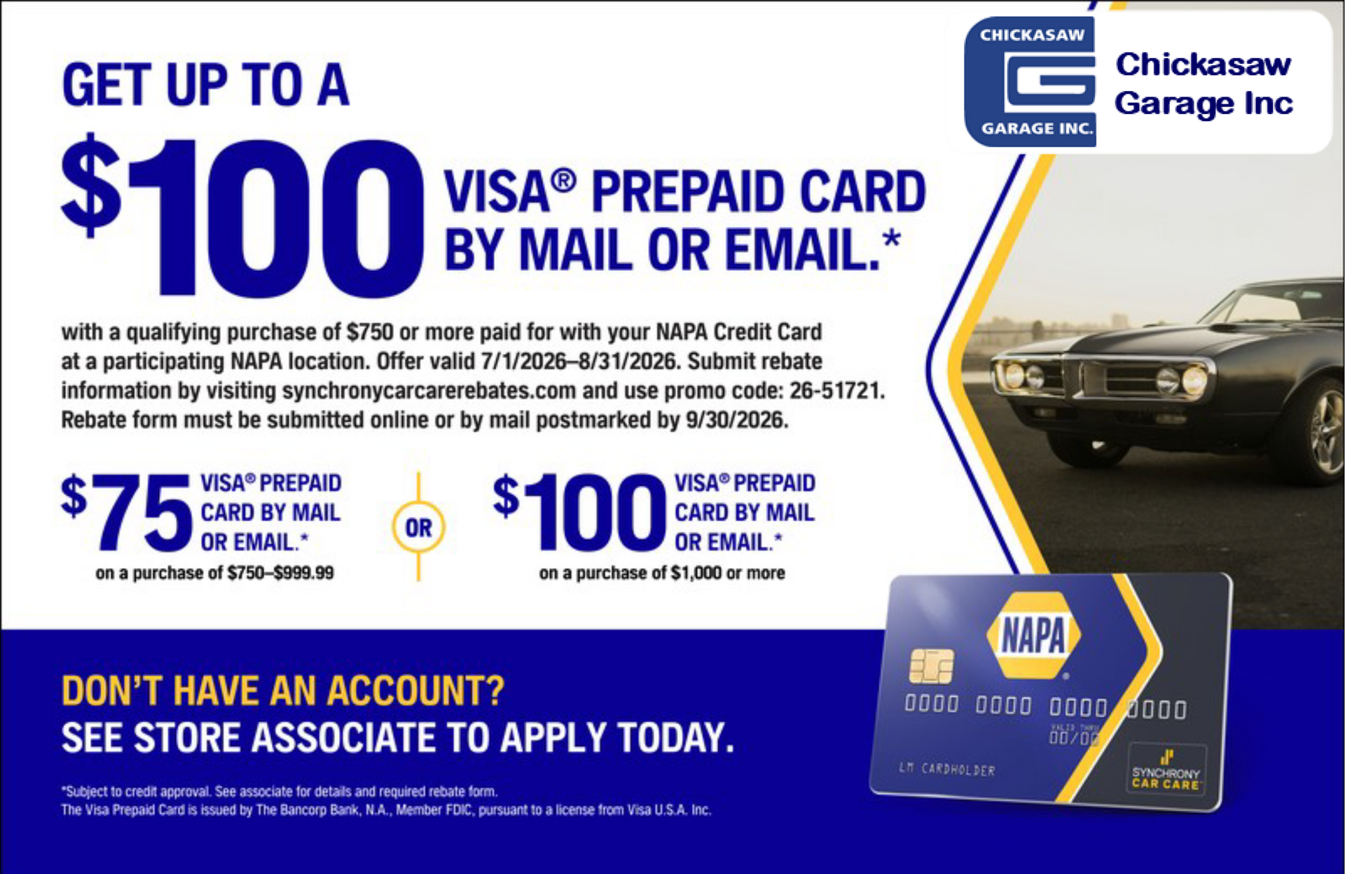Chickasaw Charge Inc promo ad: get up to $100 Visa prepaid card by mail or email for qualifying purchases