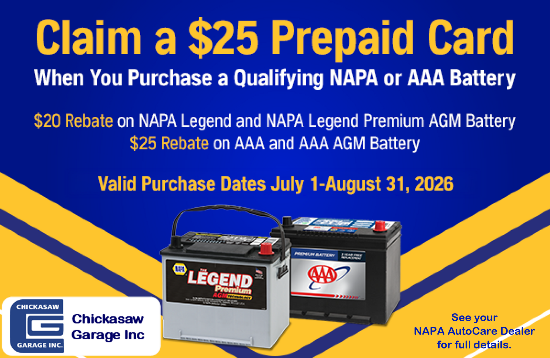 Blue NAPA rebate ad for $25 prepaid card with batteries, July 1–Aug. 31, 2026 dates
