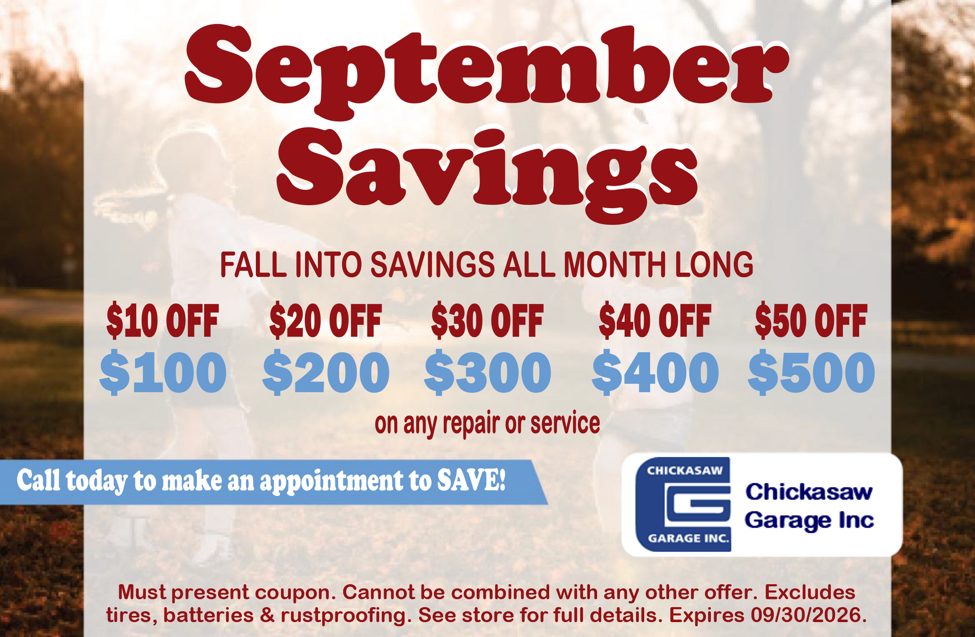 September savings flyer for Chicas Garage Inc., offering $10 off $100, $20 off $200, $30 off $300, $40 off $400, $50 off $500.