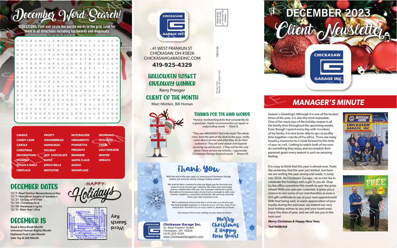 December 2023 newsletter with logo, Christmas decorations, text, and calendar.