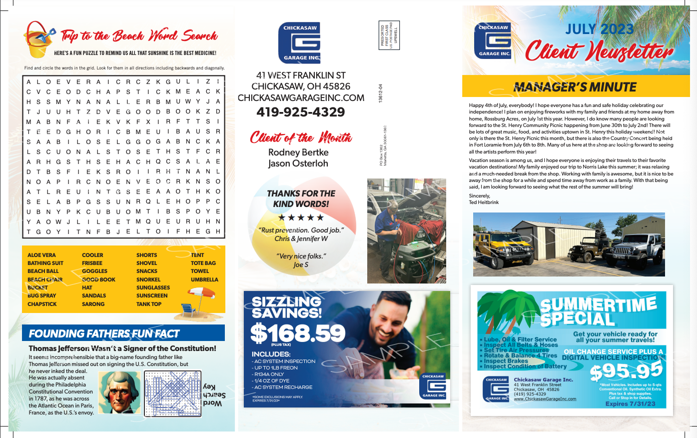 Newsletter with word search, company information, photos, and summer deals.
