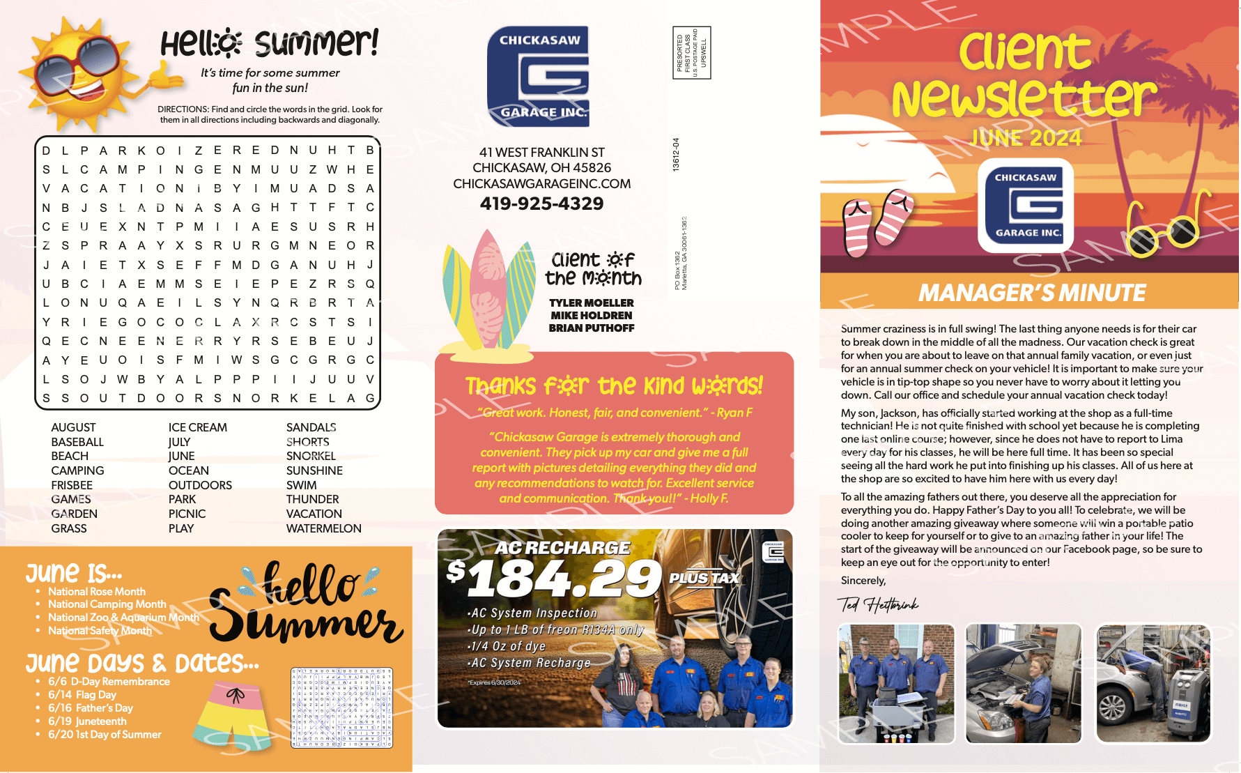 Summer-themed client newsletter with word search, company info, beach graphics, and photo of team.