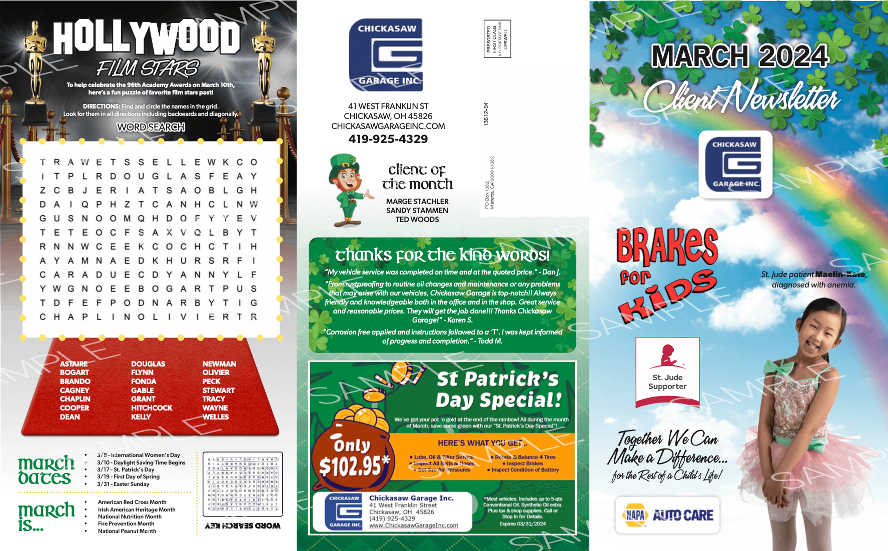 Three-panel newsletter: Hollywood awards, St. Patrick's Day special, and clinic promotions with logo and child.