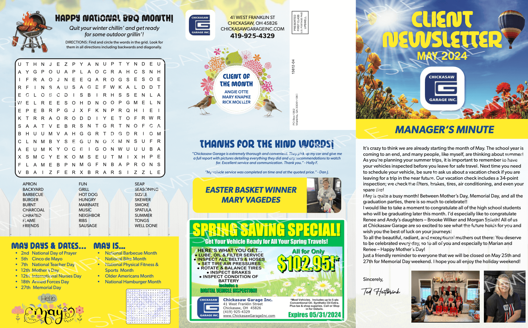 Newsletter with spring theme. Includes a manager's minute, spring gaming special, and word search.