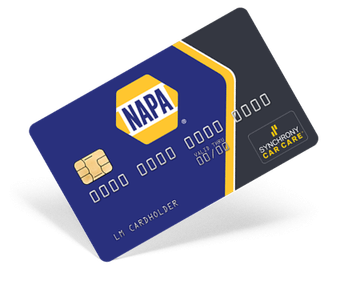 NAPA Auto Parts credit card, blue and yellow design, with Synchrony Car Care logo.