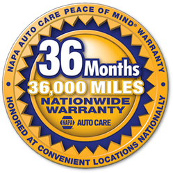 NAPA Auto Care warranty badge: 36 months/36,000 miles nationwide. Yellow, blue, and white circular design.