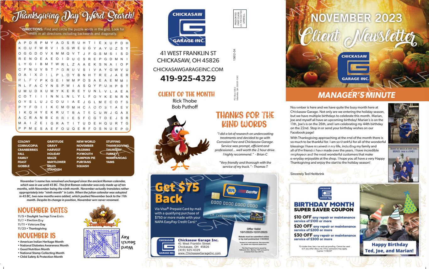 Newsletter with Thanksgiving word search, credit card offer, and company updates.