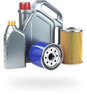 Oil and filter car maintenance supplies: oil bottles and oil filters.