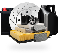 Car parts: battery, brake rotor, oil, filters, and brake pads.