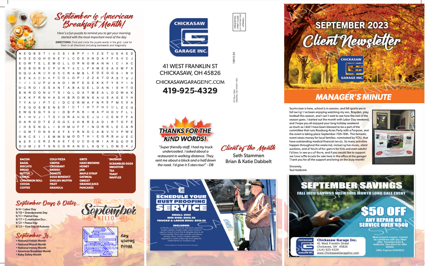 Newsletter with business logos, fall colors, and various promotional offers.
