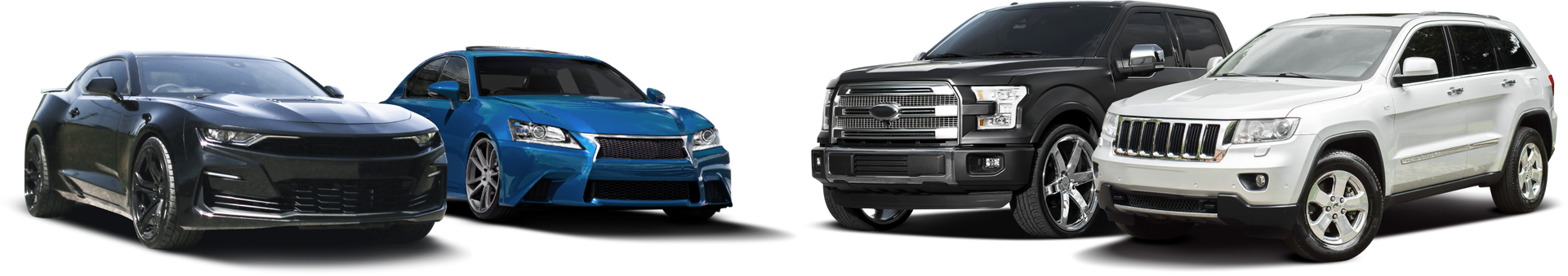 Four cars: a black coupe, a blue sedan, a black SUV, and a white SUV.