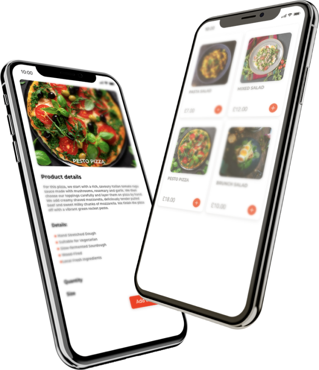 Two smartphones showing a food app: recipe details on one, menu grid on the other.