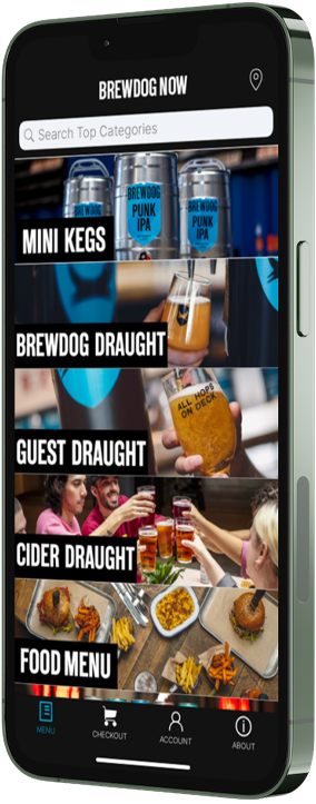 Smartphone showing a brewery app menu with beer and food options on a dark screen