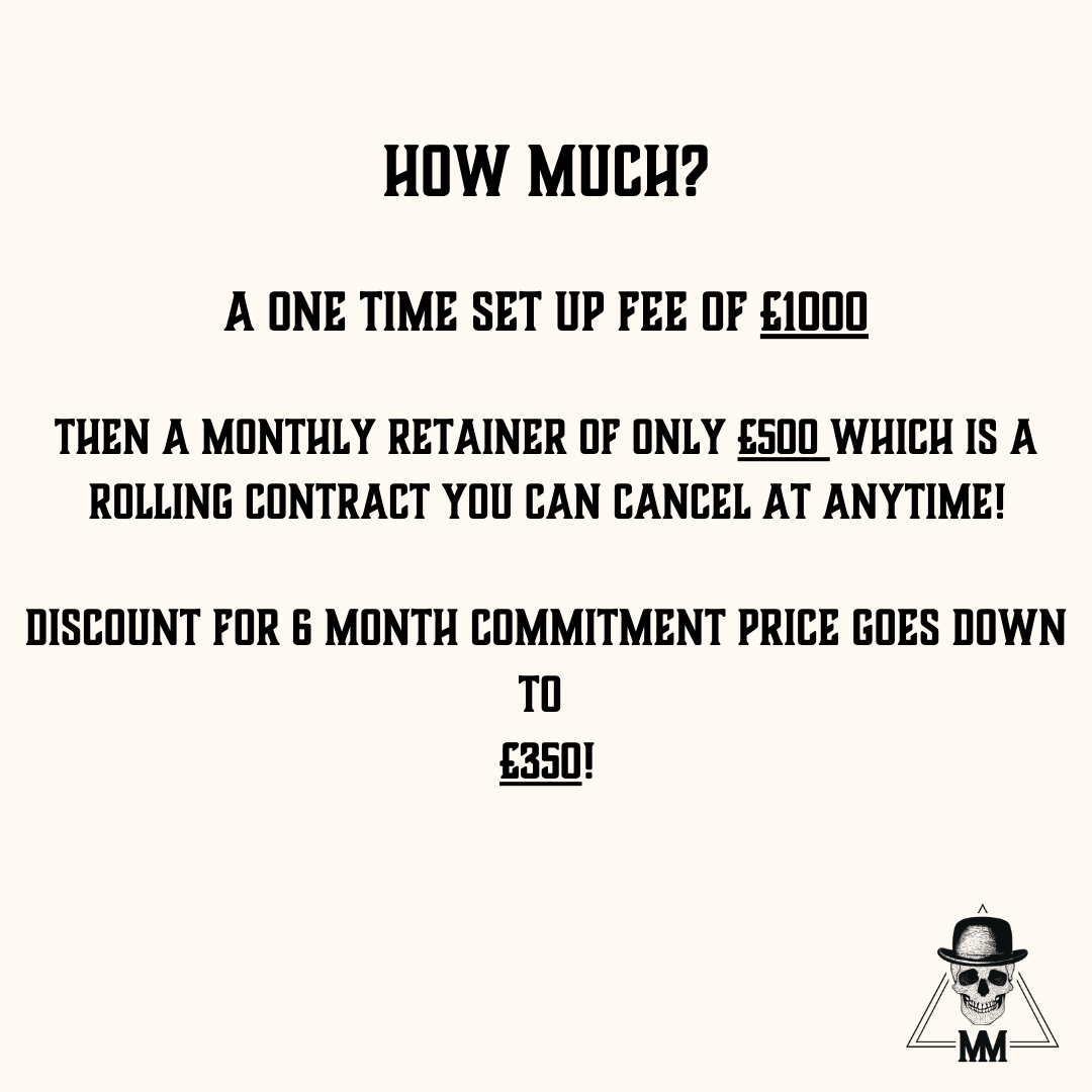 Black-and-white pricing flyer: $1000 setup fee, $500 monthly retainer, $350 for 6-month commitment.