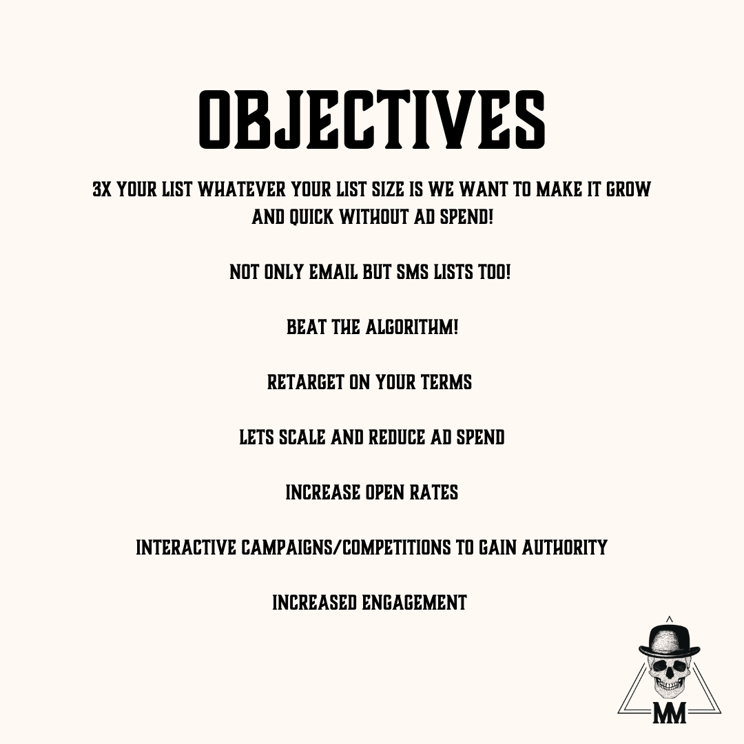 Objectives poster listing marketing goals in black text on a light background, with a small icon at bottom right.
