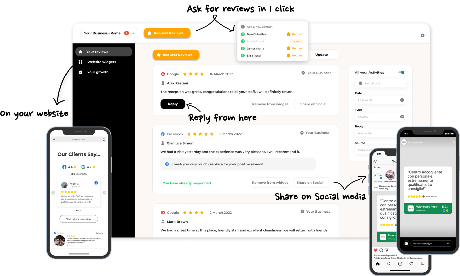App dashboard mockup on desktop and phones with charts, notes, and task panels